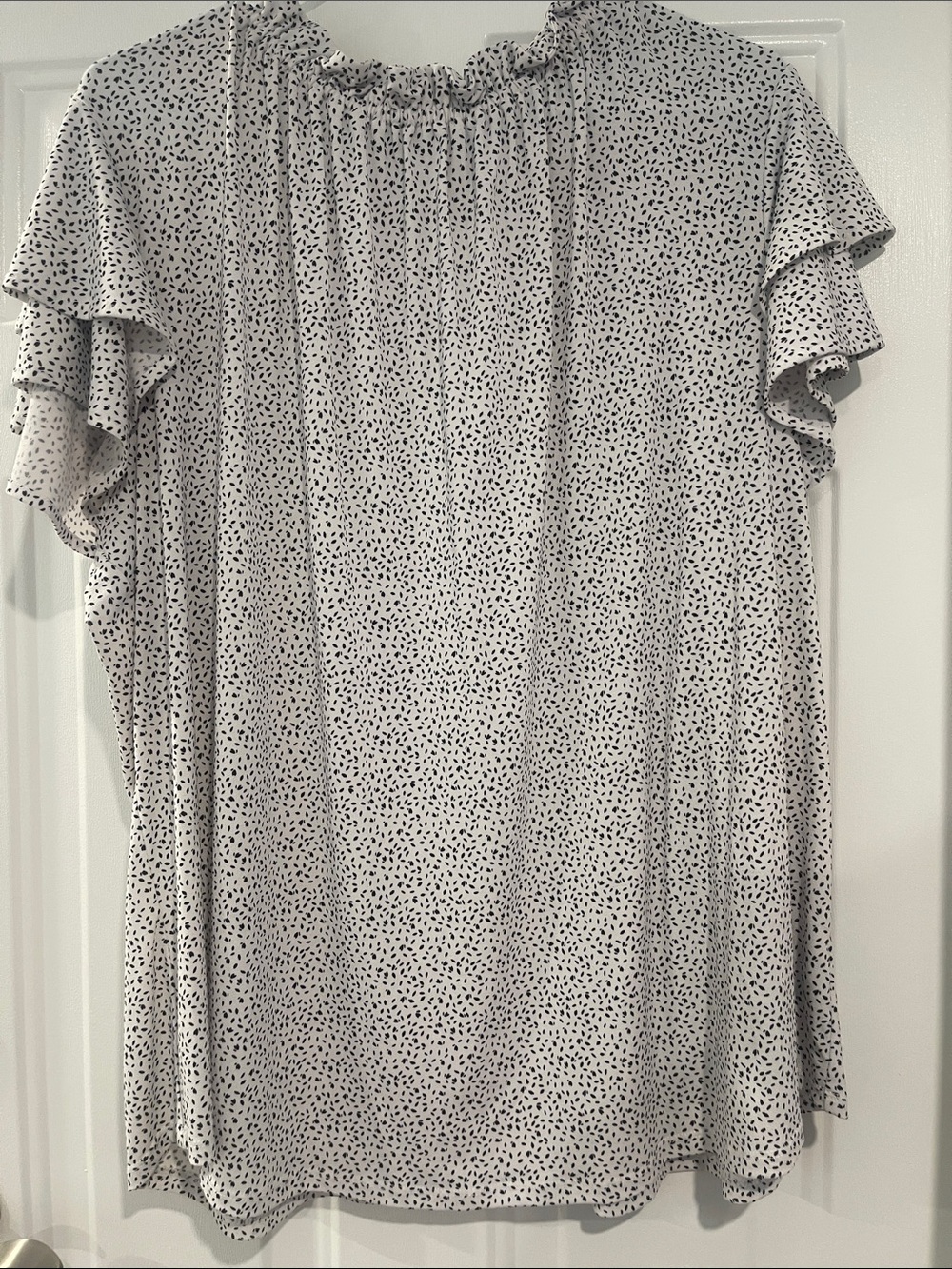 Adrianna Papell White Top with Black Dot Print and Ruffle Sleeves